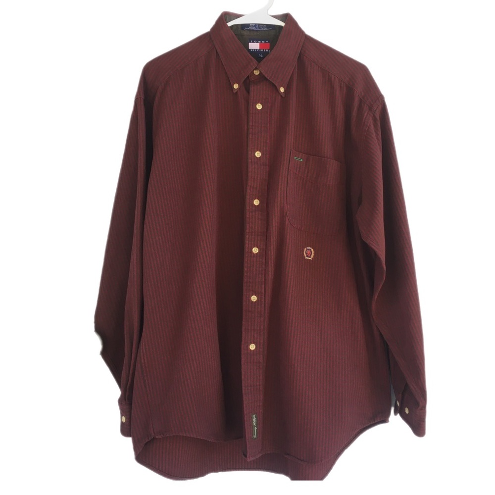Vtg 90s Tommy Hilfiger Shirt Mens Large Maroon Burgundy Button Down Cres…